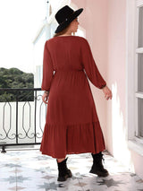 Plus Size Quarter Button V-Neck Long Sleeve Dress - Trendsi - Flyclothing LLC