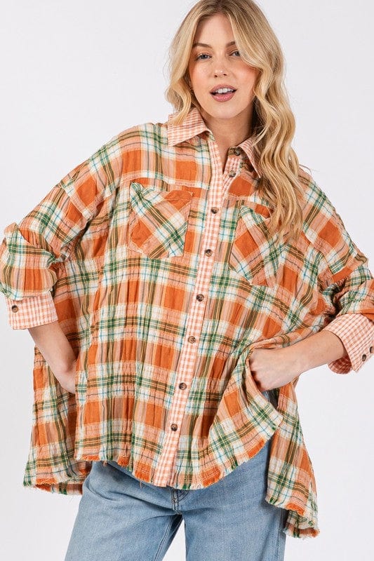 SAGE + FIG Side Slit Plaid Button Down Long Sleeve Shirt - Trendsi