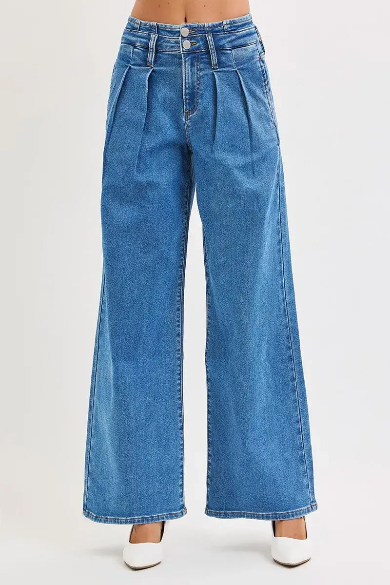 RISEN Full Size Mid Rise Fit Wide Leg with Pleated Detail Jeans Plus Size - Trendsi - Flyclothing LLC