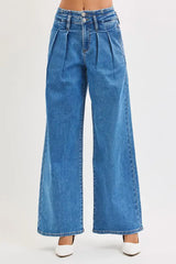 RISEN Full Size Mid Rise Fit Wide Leg with Pleated Detail Jeans Plus Size - Trendsi - Flyclothing LLC