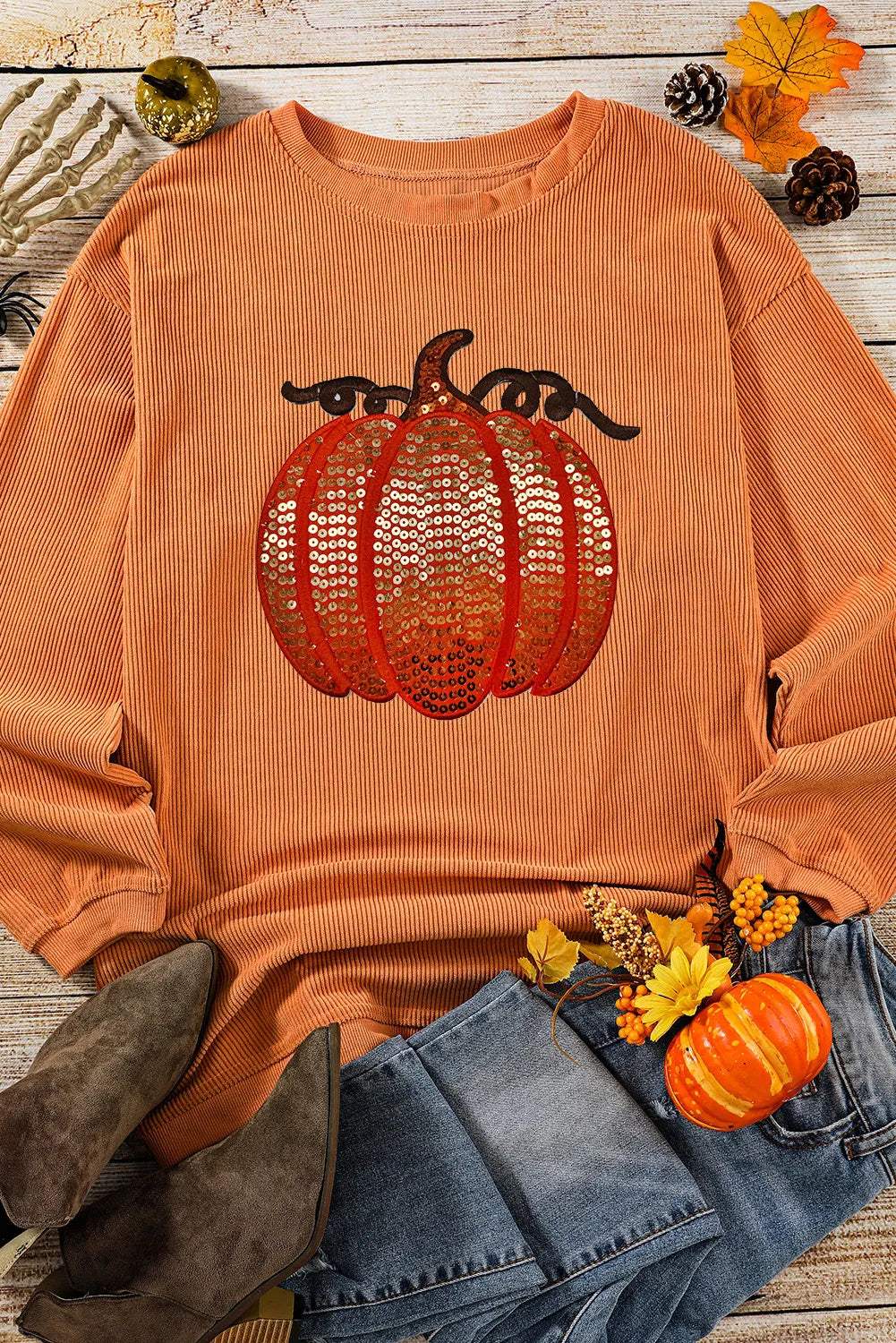 Sequin Pumpkin Round Neck Long Sleeve Sweatshirt - Trendsi - Flyclothing LLC