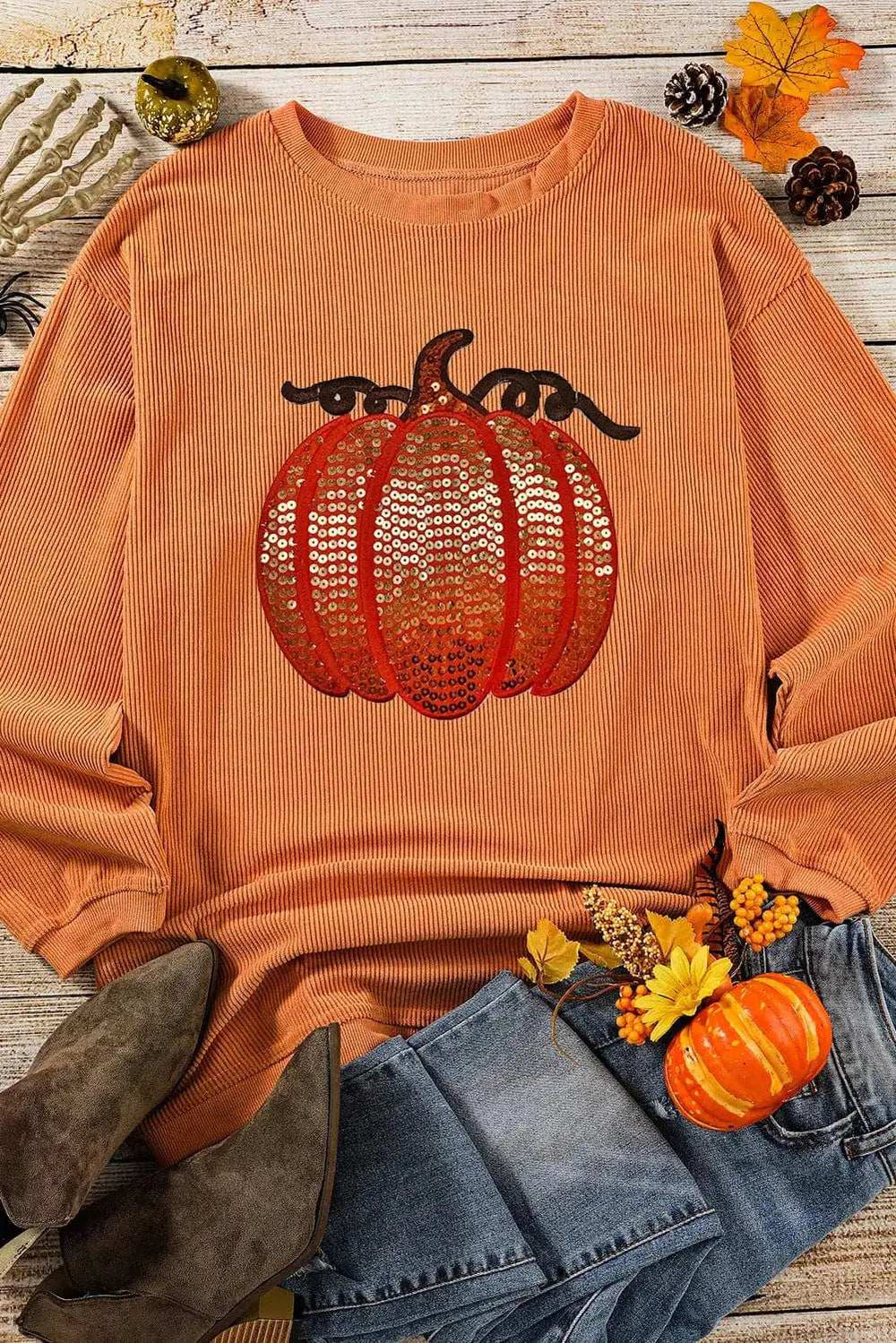 Sequin Pumpkin Round Neck Long Sleeve Sweatshirt - Trendsi - Flyclothing LLC