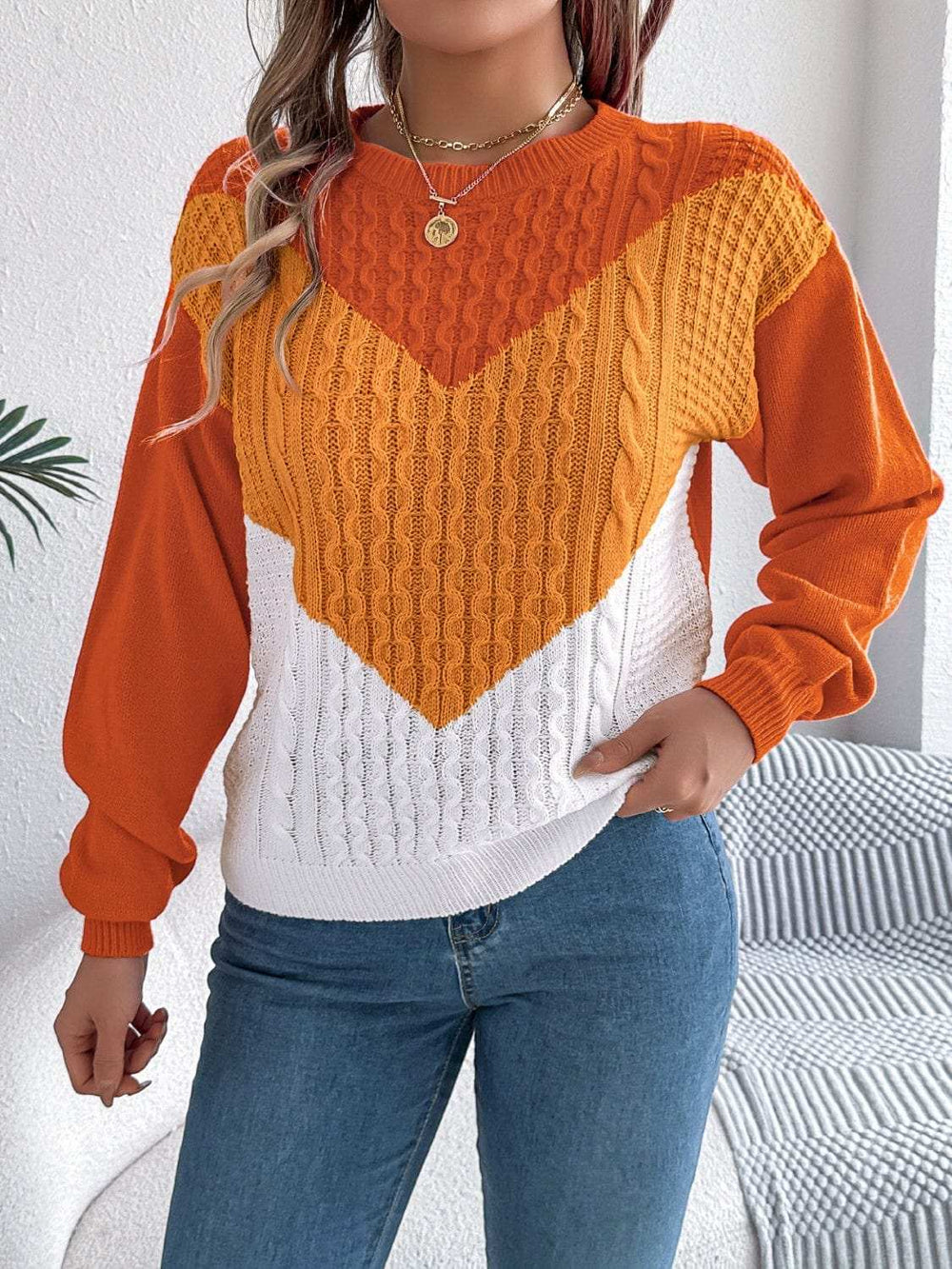 Contrast Round Neck Long Sleeve Sweater - Trendsi - Flyclothing LLC