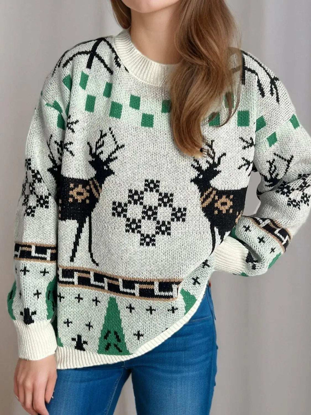 Christmas Element Round Neck Long Sleeve Sweater - Trendsi - Flyclothing LLC