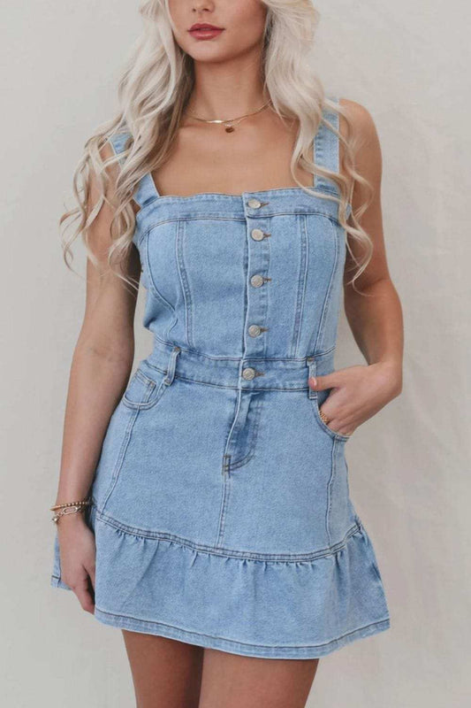 Ruffled Hem Button Front Square Neck Denim Dress - Trendsi - Flyclothing LLC