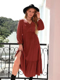 Plus Size Quarter Button V-Neck Long Sleeve Dress - Trendsi - Flyclothing LLC