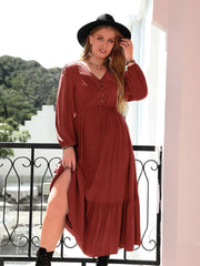 Plus Size Quarter Button V-Neck Long Sleeve Dress - Trendsi