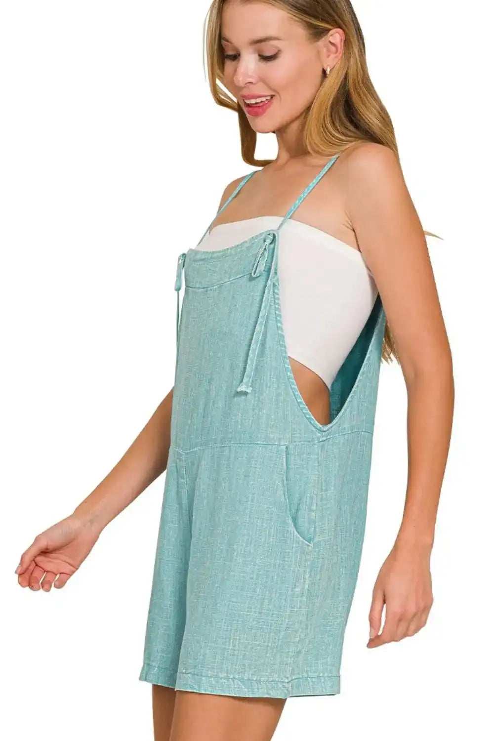 Zenana Washed Linen Knot Strap Rompers - Trendsi - Flyclothing LLC