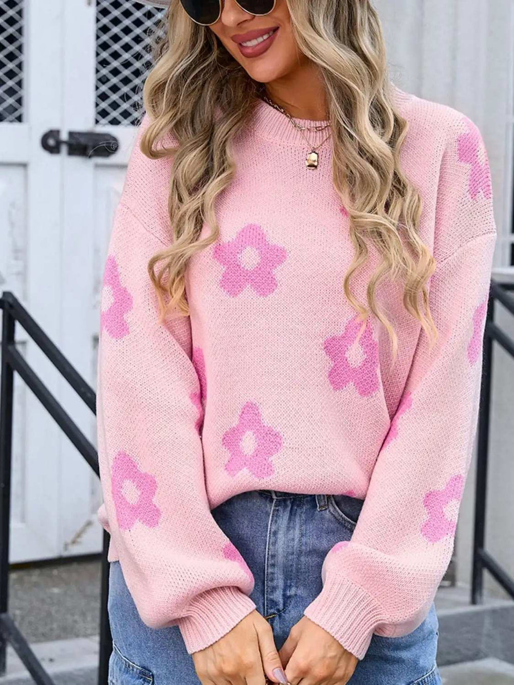 Flower Round Neck Dropped Shoulder Sweater - Trendsi - Flyclothing LLC