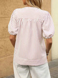Striped Notched Puff Sleeve Blouse - Trendsi - Flyclothing LLC