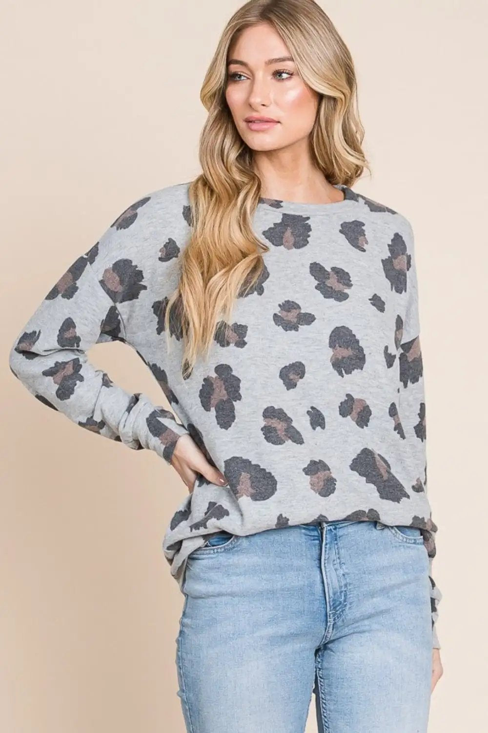 BOMBOM Leopard Drop Shoulder T-Shirt - Trendsi