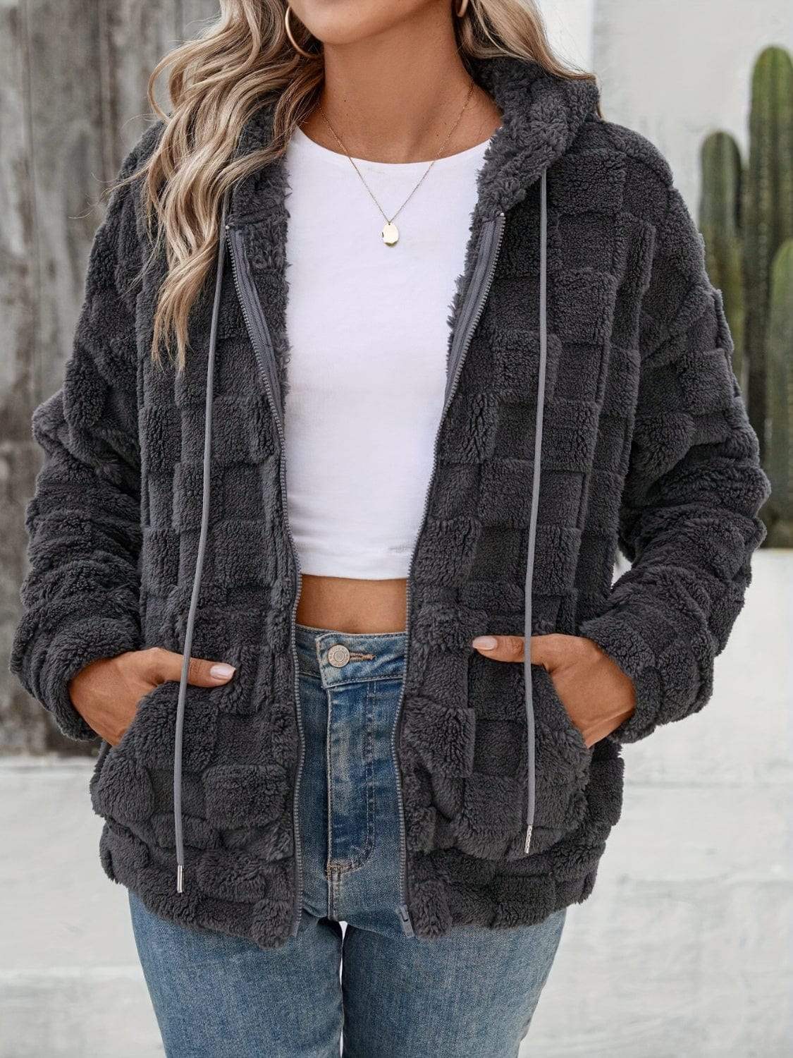 Checkered Texture Zip Up Drawstring Fuzzy Jacket - Trendsi - Flyclothing LLC