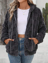Checkered Texture Zip Up Drawstring Fuzzy Jacket - Trendsi - Flyclothing LLC