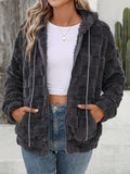 Checkered Texture Zip Up Drawstring Fuzzy Jacket - Trendsi - Flyclothing LLC