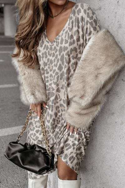 Leopard V-Neck Long Sleeve Dress - Trendsi - Flyclothing LLC