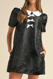 Floral Embossed Puff Sleeve Colorblock Bow Collared Mini Dress - Trendsi