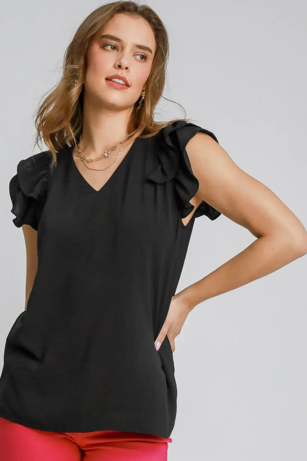 Umgee Full Size V-Neck Double Layered Ruffle Sleeve Blouse Plus Size - Trendsi - Flyclothing LLC