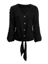 Tied Swiss Dot V-Neck Long Sleeve Blouse - Trendsi - Flyclothing LLC