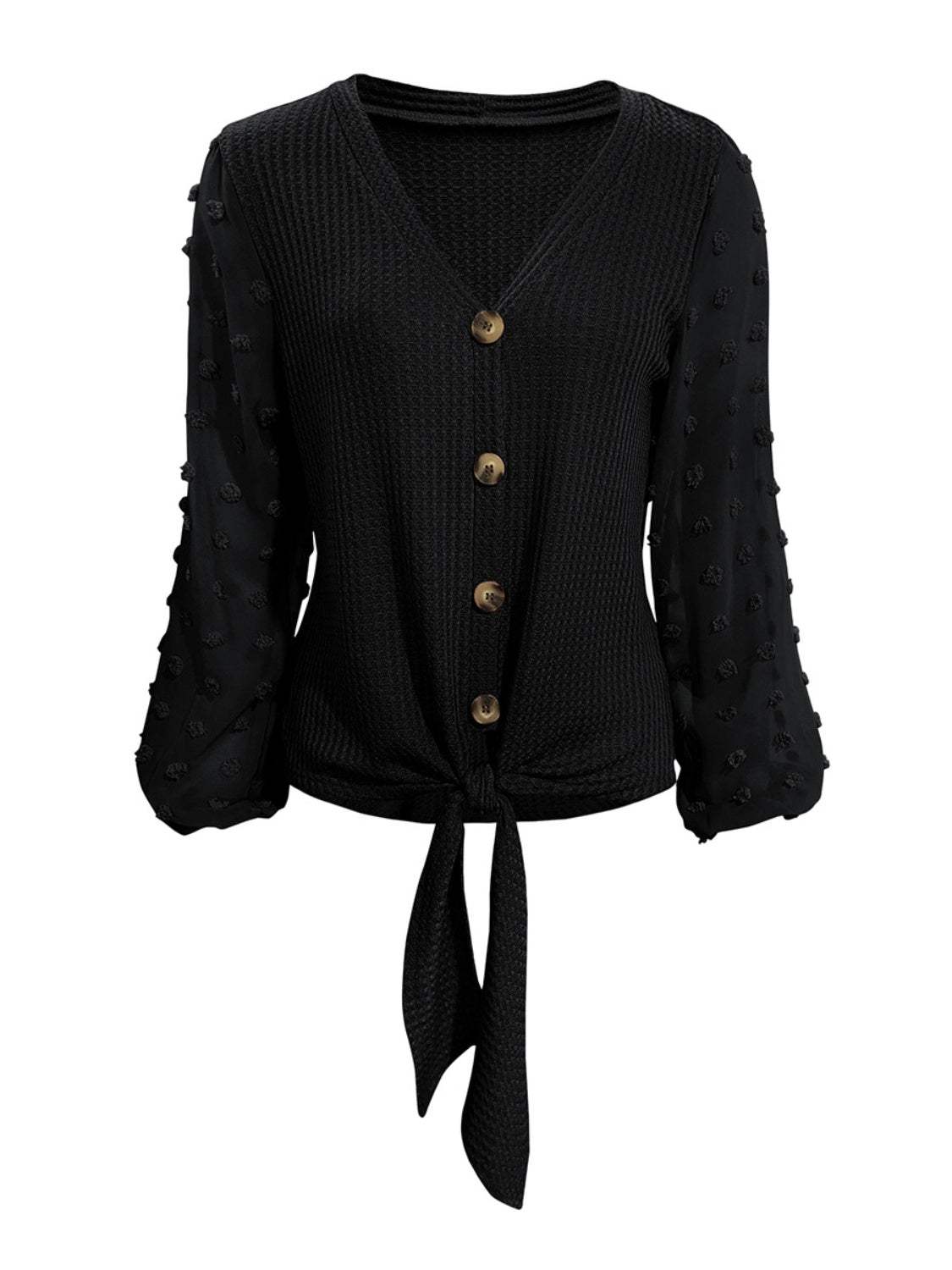 Tied Swiss Dot V-Neck Long Sleeve Blouse - Trendsi - Flyclothing LLC