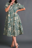 Umgee Full Size Printed Smocked Cuff Puff Sleeve Midi Dress Plus Size - Trendsi