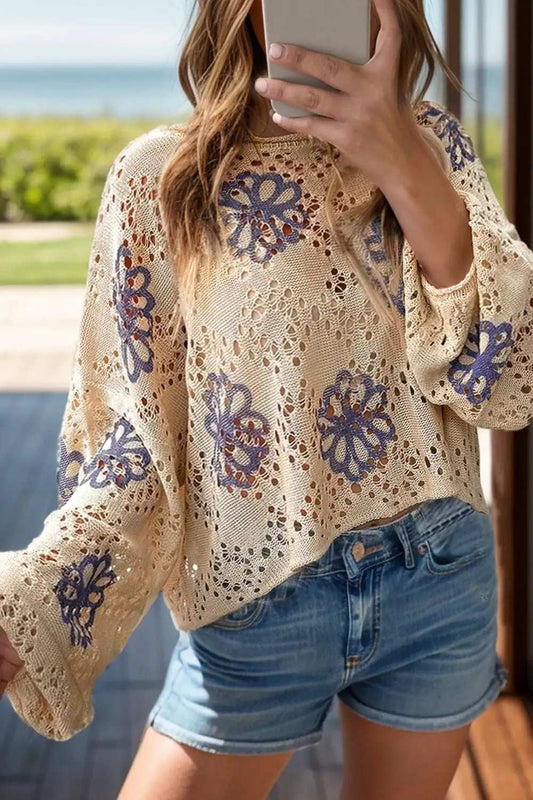 Openwork Round Neck Long Sleeve Knit Top - Trendsi - Flyclothing LLC