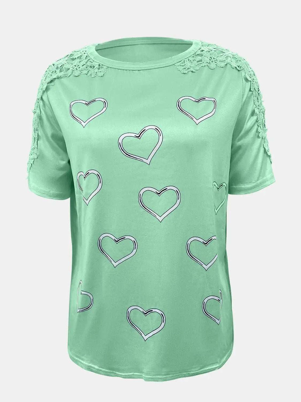 Full Size Lace Detail Heart Round Neck Short Sleeve Top - Trendsi - Flyclothing LLC