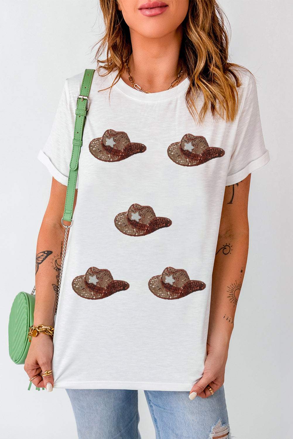 Sequin Hat Round Neck Short Sleeve T-Shirt - Trendsi - Flyclothing LLC