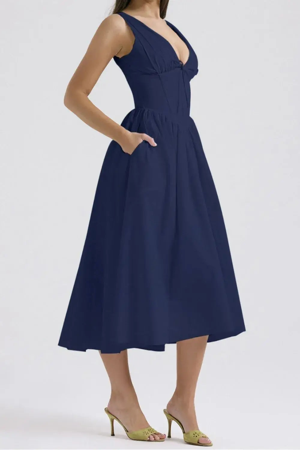 Ruched V-Neck Sleeveless Dress with Pockets - Trendsi - Flyclothing LLC