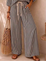 Full Size Striped Puff Sleeve Shirt and Wide-Leg Drawstring Pants Set Plus Size - Trendsi - Flyclothing LLC