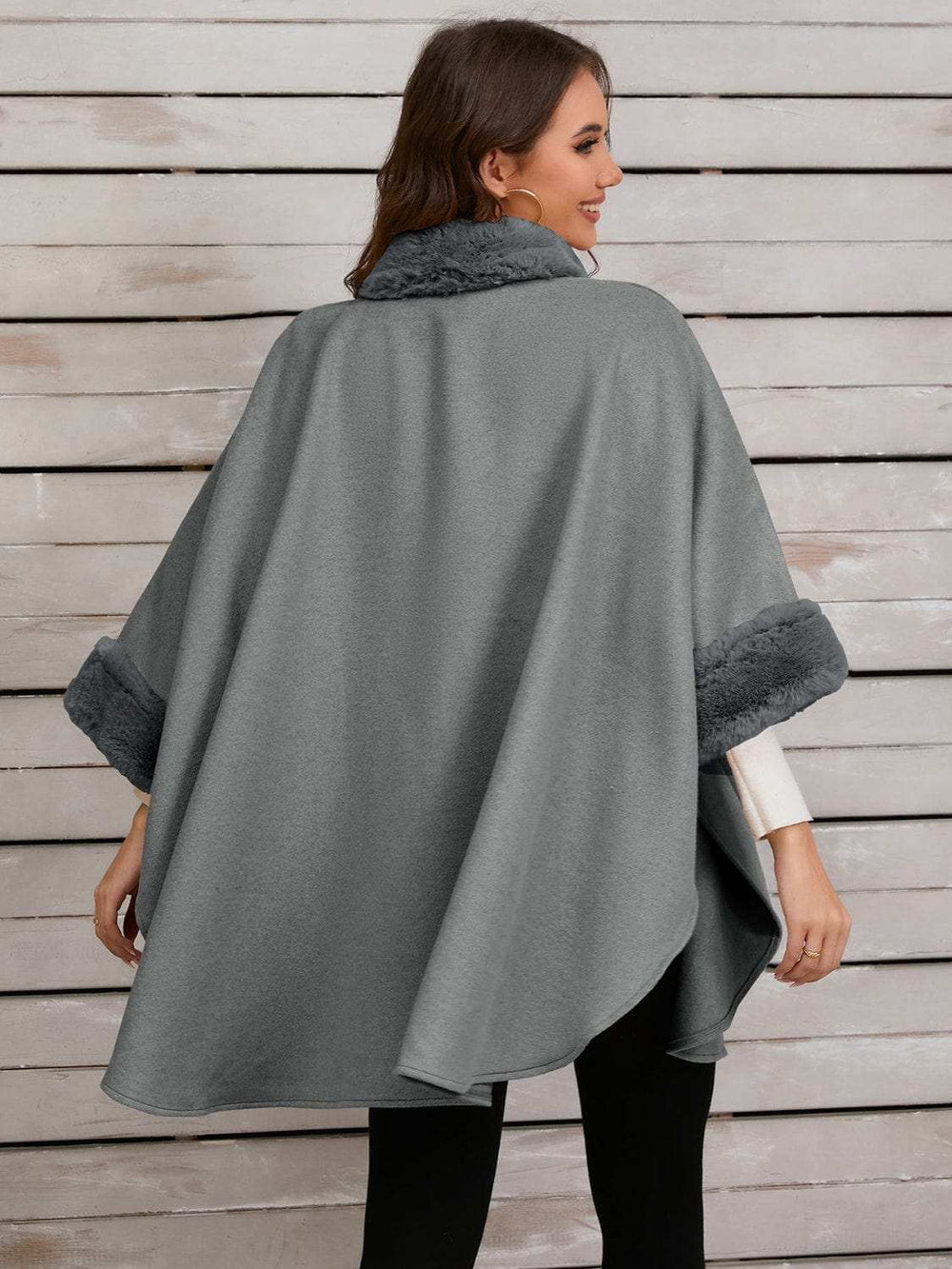 Fuzzy Trim Long Sleeve Poncho - Trendsi - Flyclothing LLC