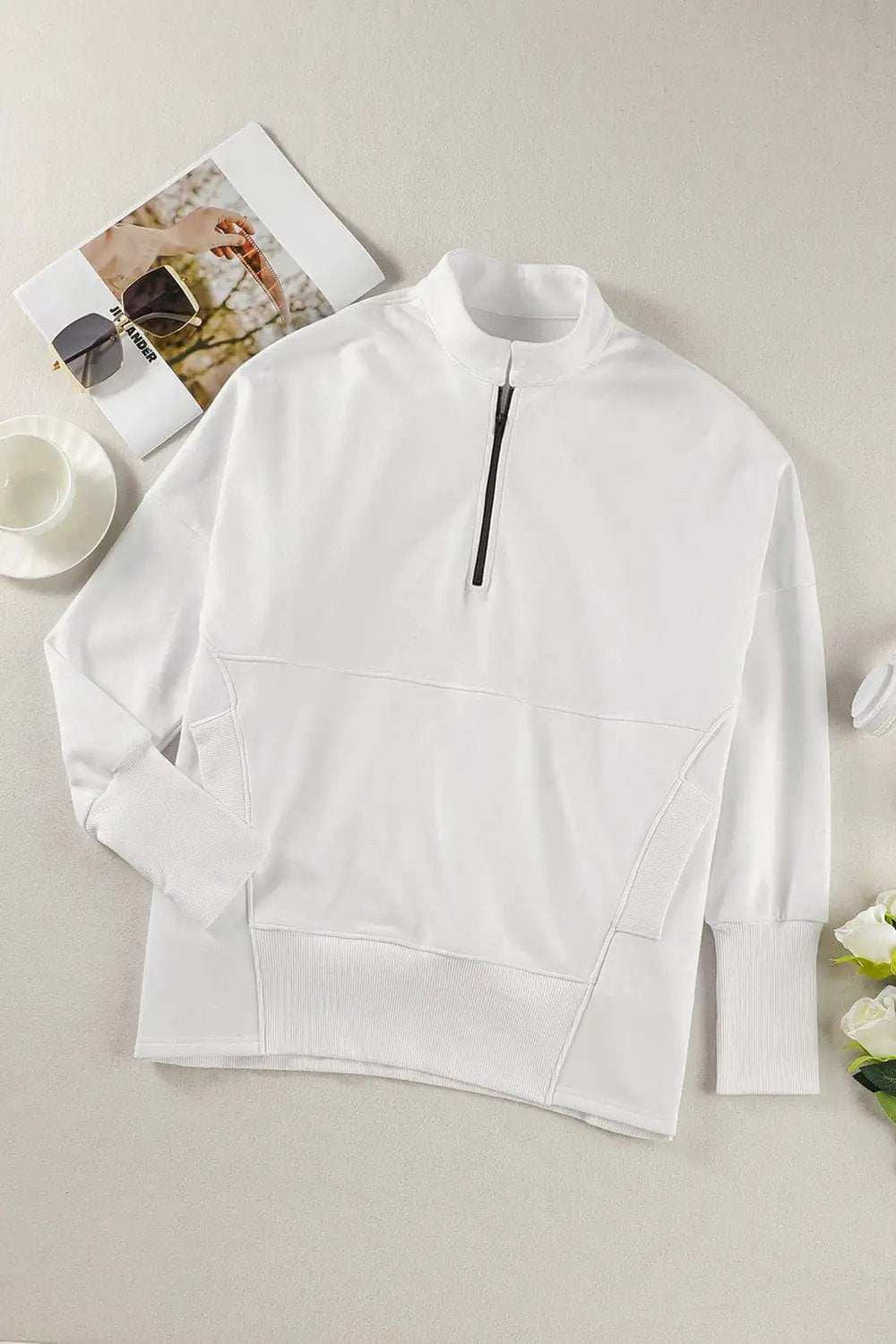 Half Zip Pocketed Dropped Shoulder Sweatshirt - Trendsi - Flyclothing LLC