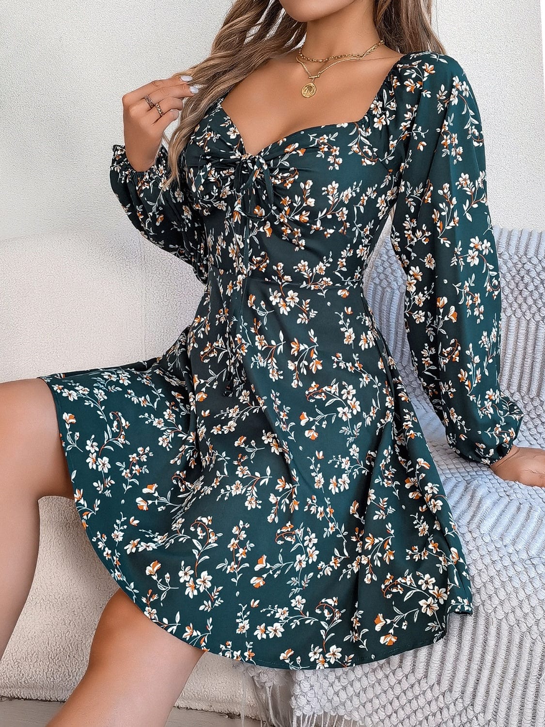 Printed Sweetheart Neck Balloon Sleeve Mini Dress - Trendsi