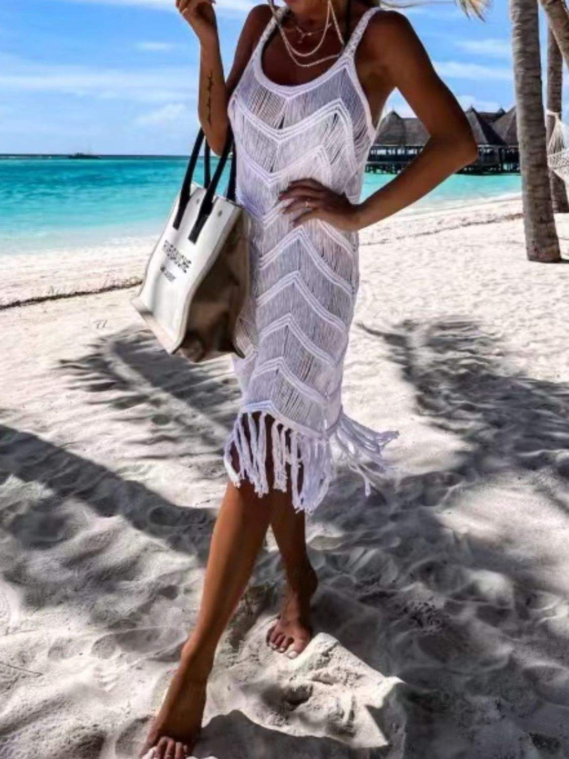 Fringe Scoop Neck Cover-Up - Trendsi - Flyclothing LLC