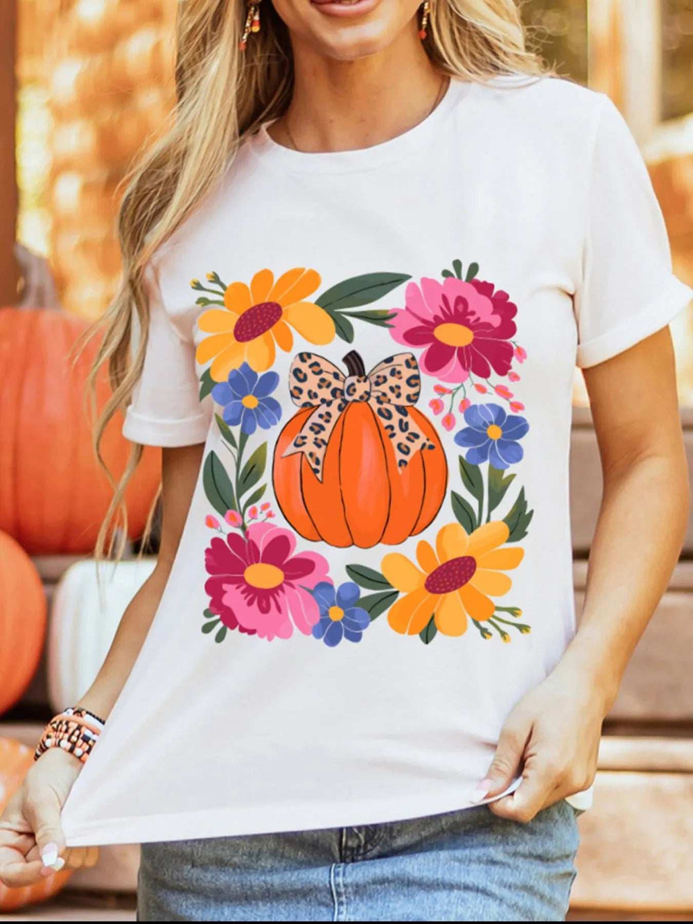 Pumpkin Floral Graphic Round Neck T-Shirt - Trendsi - Flyclothing LLC