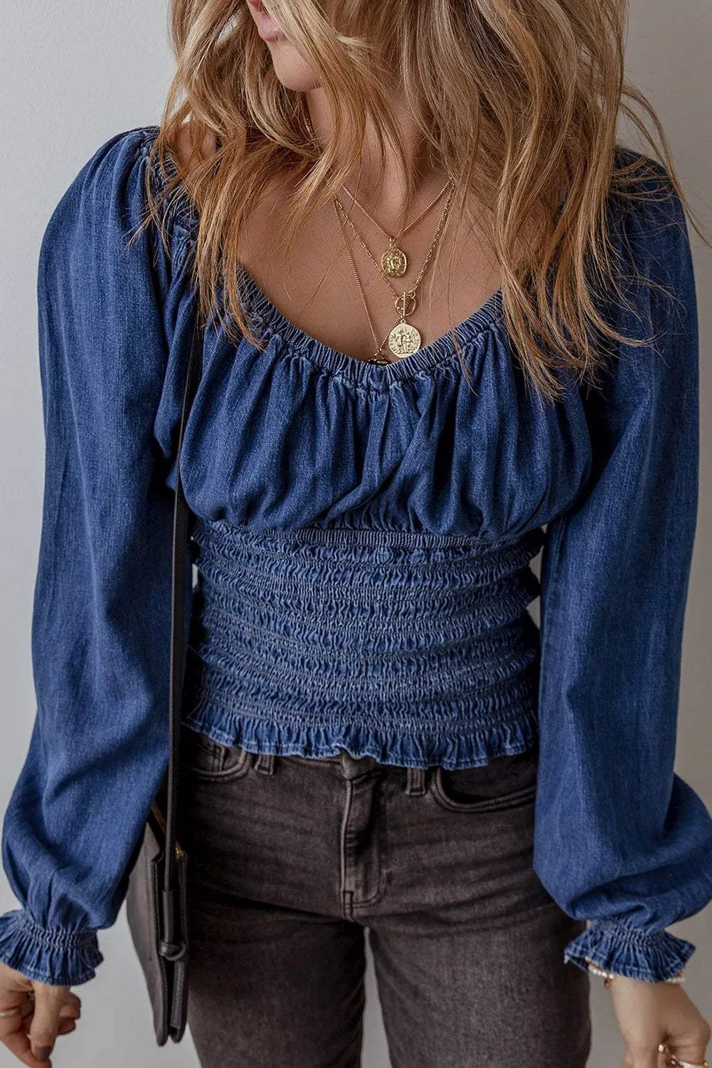 Smocked Long Sleeve Denim Top - Trendsi - Flyclothing LLC
