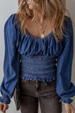 Smocked Long Sleeve Denim Top - Trendsi - Flyclothing LLC