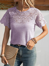 Round Neck Short Sleeve Crochet Top - Trendsi - Flyclothing LLC