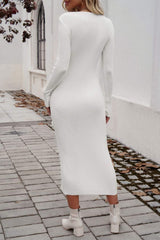 Drawstring Round Neck Long Sleeve Midi Dress - Trendsi - Flyclothing LLC