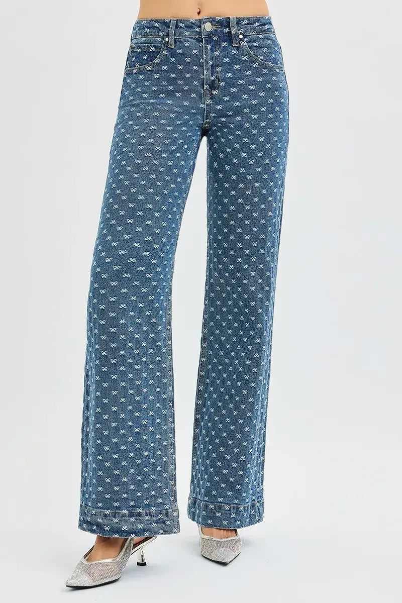 RISEN High Rise Wide Leg Bow Embroidered Jeans - Trendsi - Flyclothing LLC