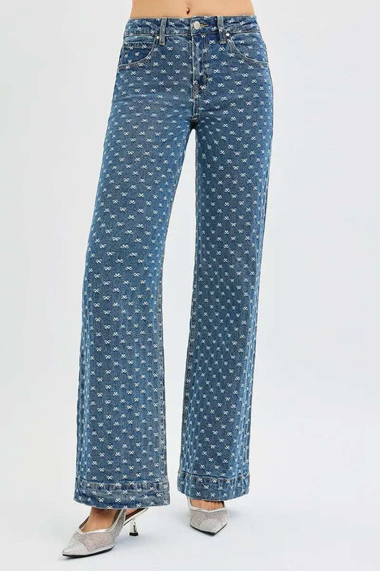 RISEN High Rise Wide Leg Bow Embroidered Jeans - Trendsi - Flyclothing LLC