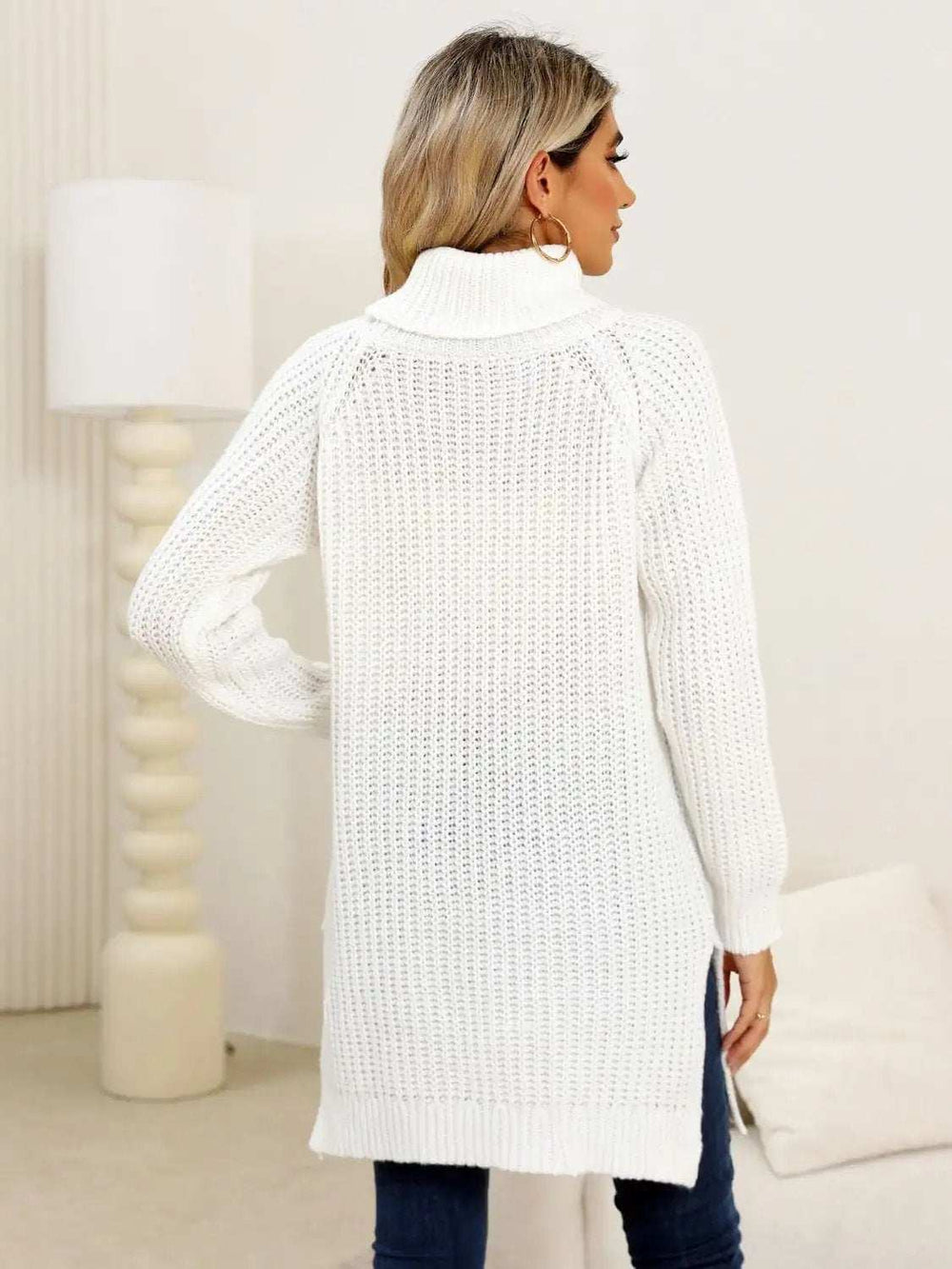Slit Turtleneck Long Sleeve Sweater - Trendsi - Flyclothing LLC