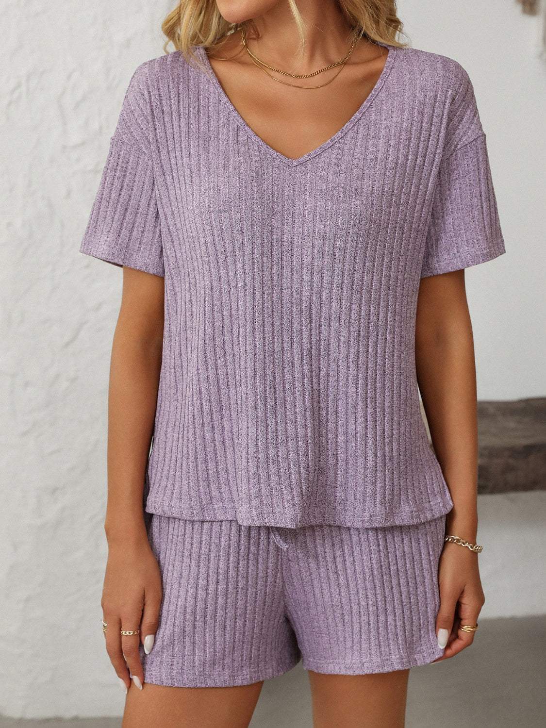 Mandy V-Neck Short Sleeve Top and Shorts Set - Trendsi - Flyclothing LLC