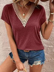 Full Size Lace Detail V-Neck Short Sleeve T-Shirt - Trendsi