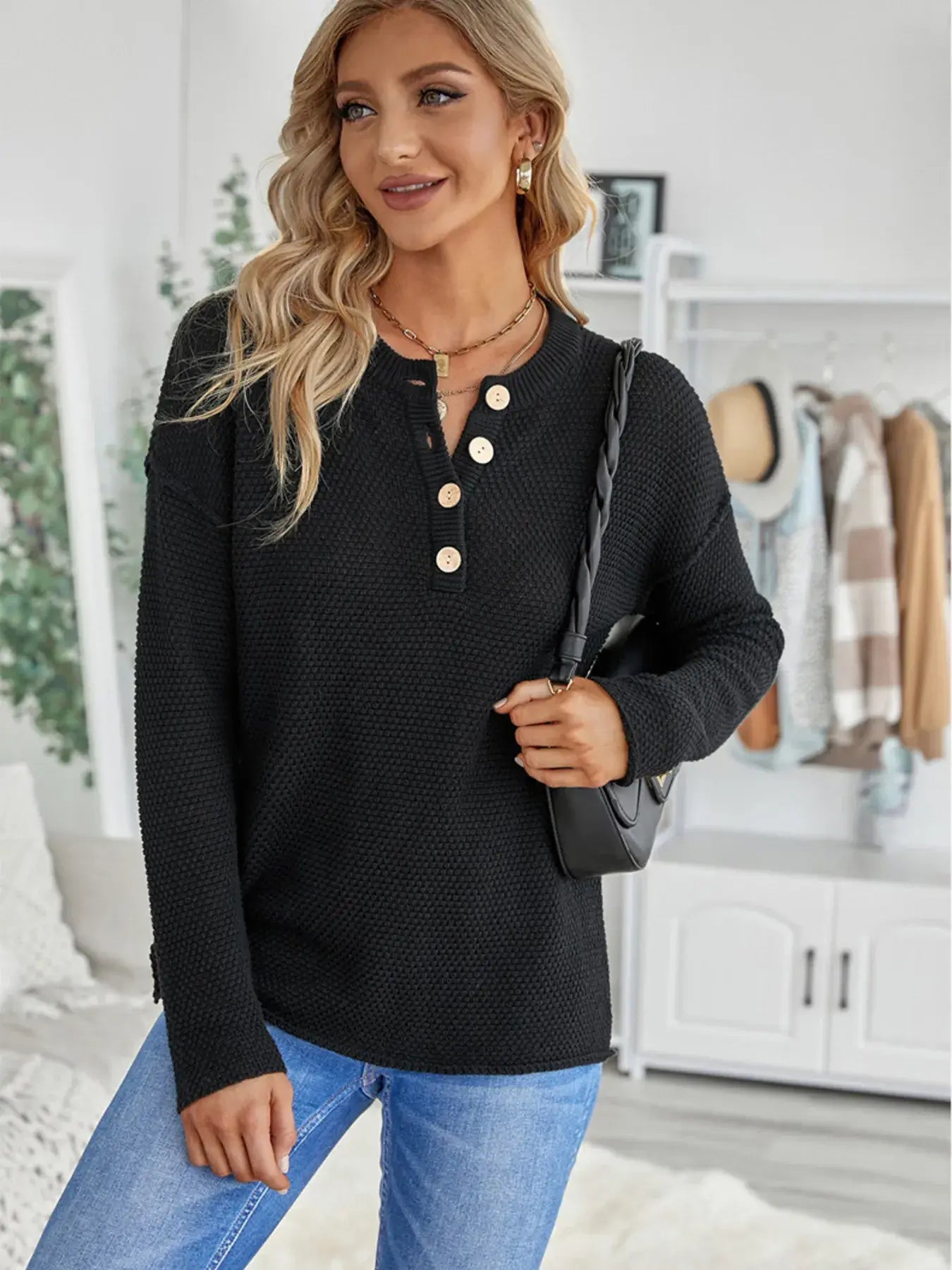 Button Detail Long Sleeve Knit Top - Trendsi - Flyclothing LLC