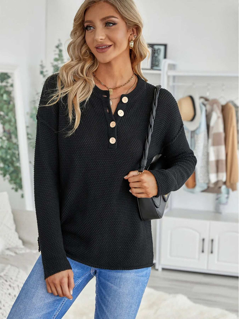 Button Detail Long Sleeve Knit Top - Trendsi - Flyclothing LLC