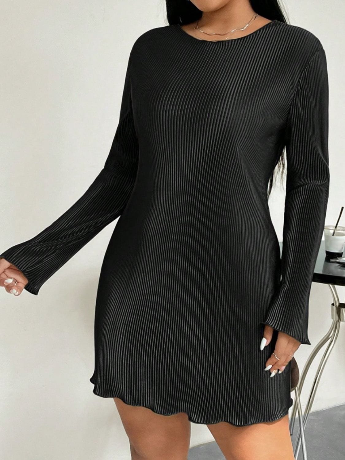 Honey Plus Size Lettuce Hem Round Neck Long Sleeve Dress - Trendsi