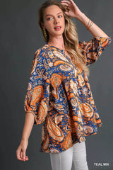 Umgee Mix Paisley Boho Tunic Blouse - Trendsi - Flyclothing LLC