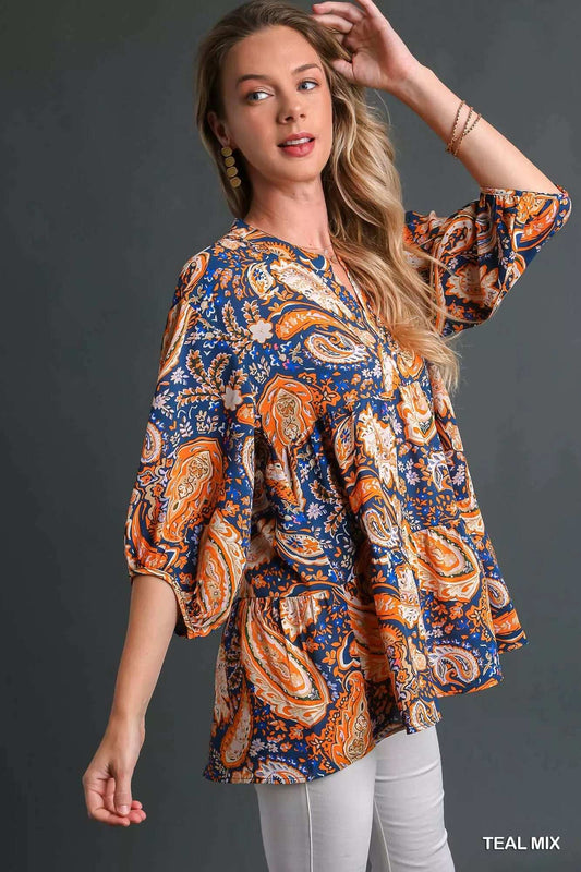 Umgee Mix Paisley Boho Tunic Blouse - Trendsi - Flyclothing LLC