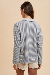 Annie Wear Striped Button Detail Long Sleeve Polo Top - Trendsi