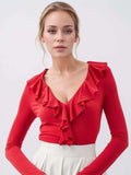 Ruffled V-Neck Long Sleeve T-Shirt - Trendsi - Flyclothing LLC